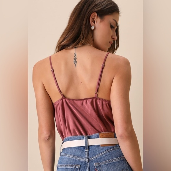LULU’S Emmerson Rusty Rose Satin Sleeveless Cowl Neck Bodysuit - Picture 3 of 4